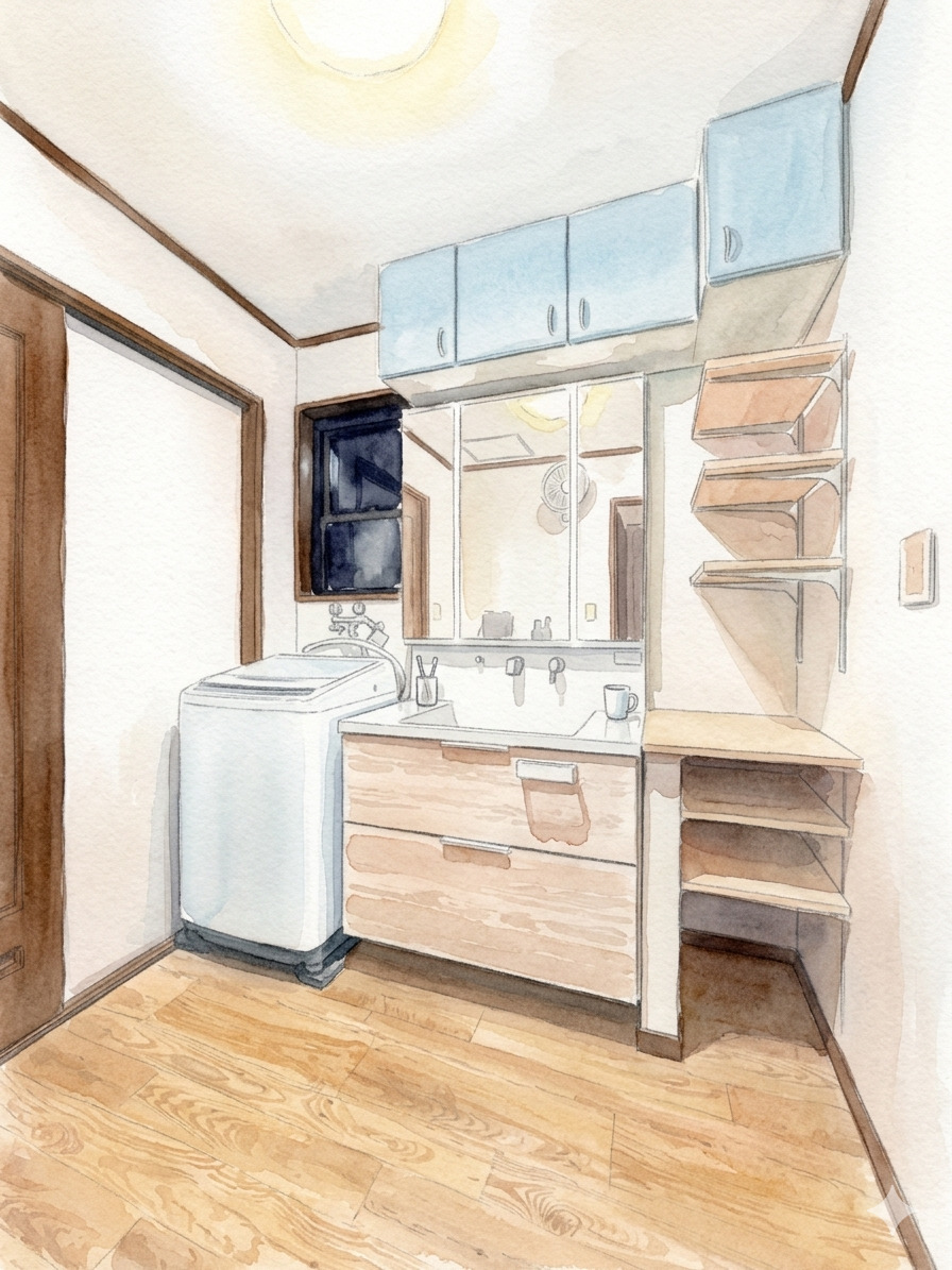 洗面化粧台交換＋ミリ単位で調整できる造作棚の魅力